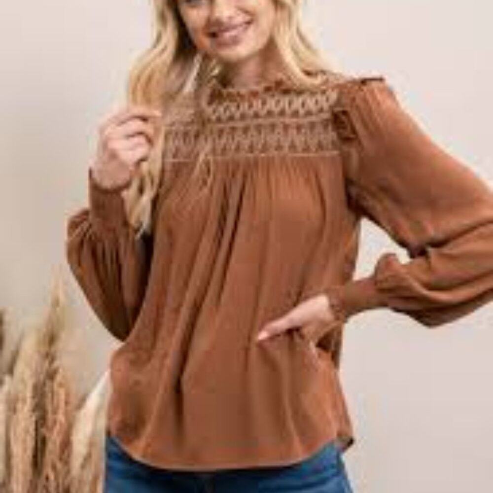 Blu Pepper Brown Boho Embroidered  Bishop Sleeve Top Size S